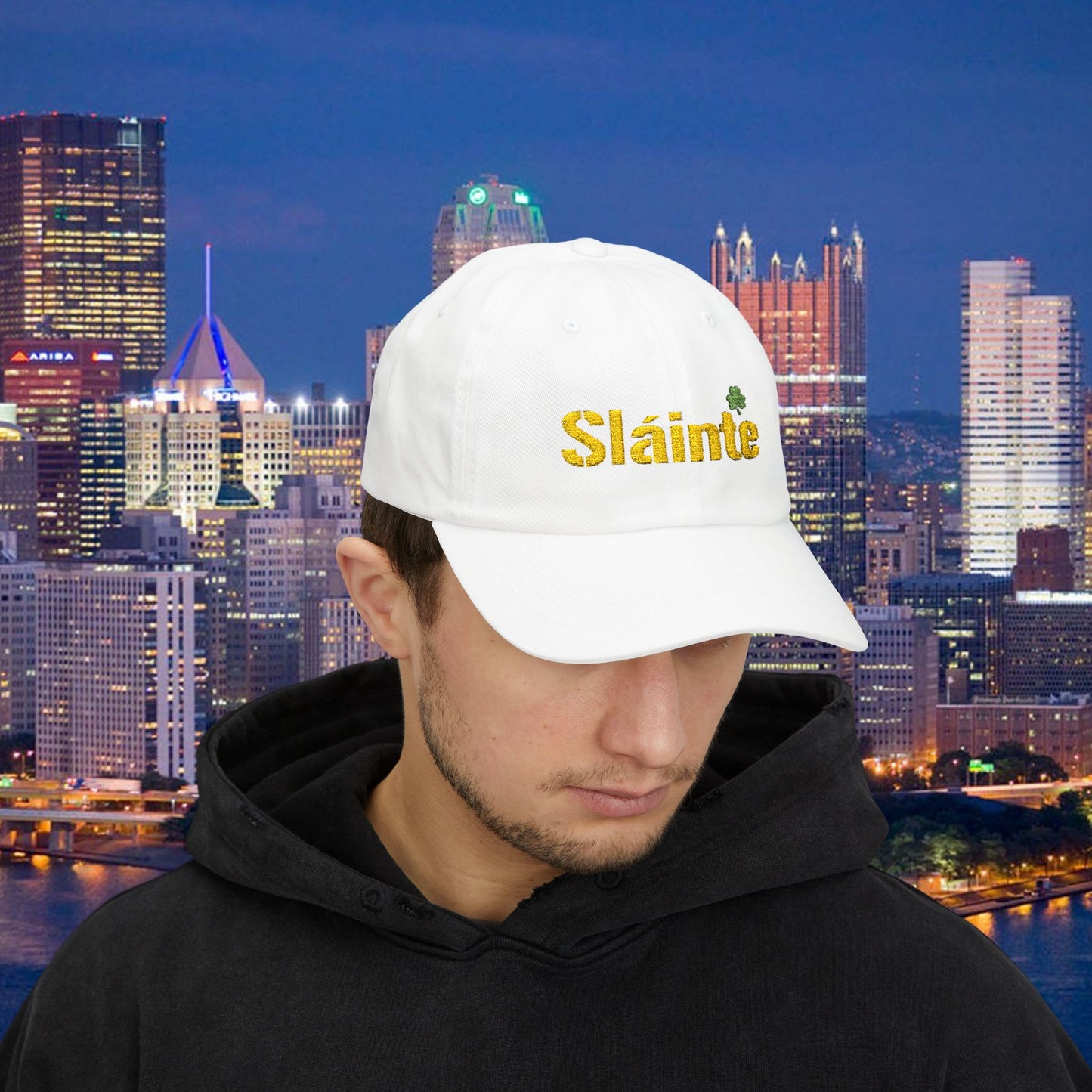 Slainte Shamrock Embroidered Dad Hat | Pittsburgh Yinzer Inspired Irish Cap | Black & Gold Style Baseball Hat | St Patricks Day Gift