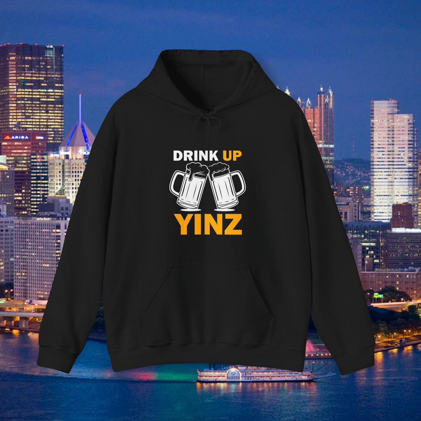 Drink Up YINZ Hoodie Two Beer Glasses Graphic | Funny Pittsburghese Yinzer Sweatshirt | PGH Tailgate Hoodie