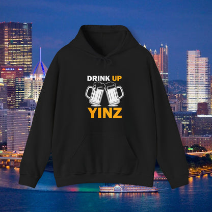 Drink Up YINZ Hoodie Two Beer Glasses Graphic | Funny Pittsburghese Yinzer Sweatshirt | PGH Tailgate Hoodie