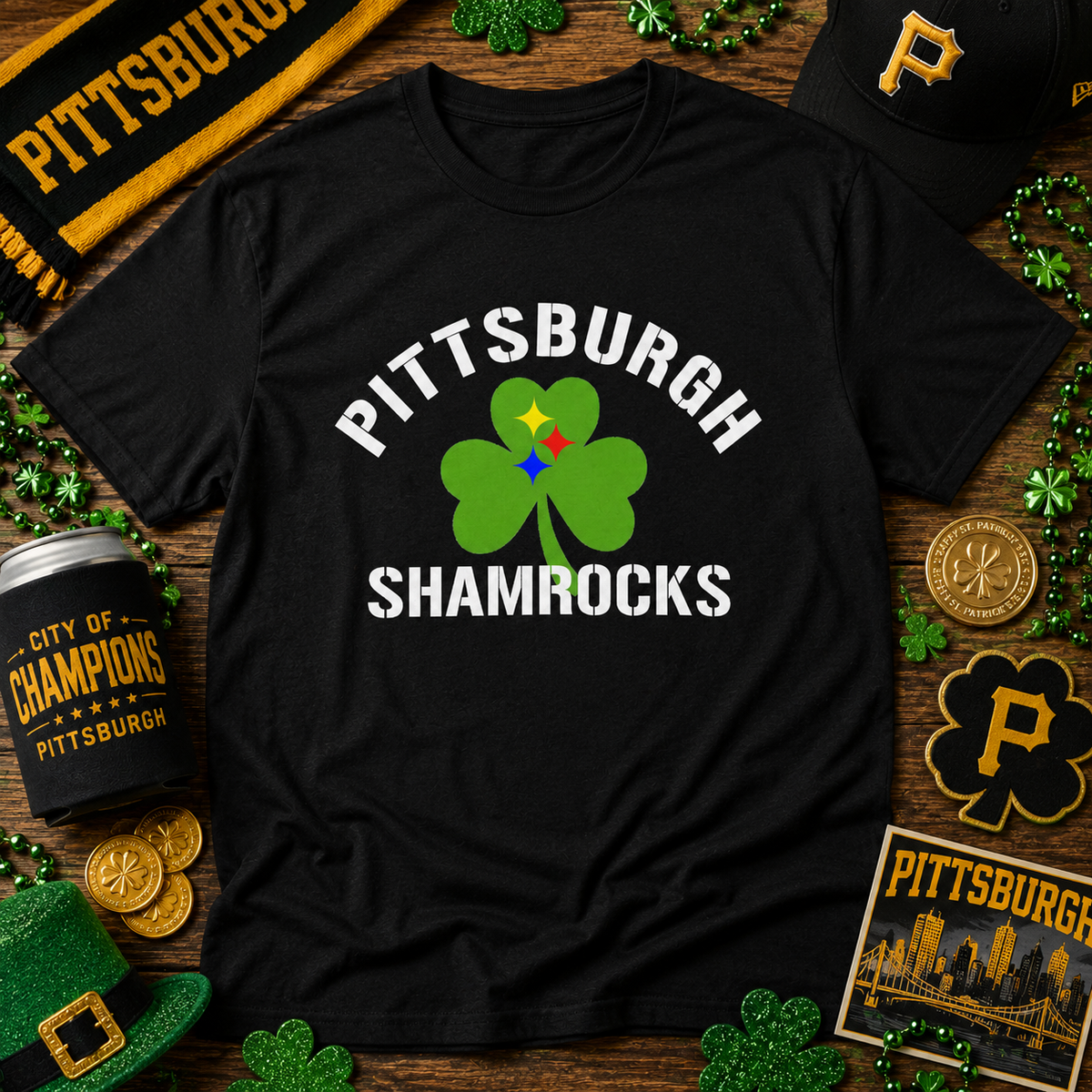 Pittsburgh Shamrocks T-Shirt Shamrock + Steel Stars Graphic Tee | Irish PGH Shirt | St. Patricks Day Pittsburgh Tee | Yinzer Gift