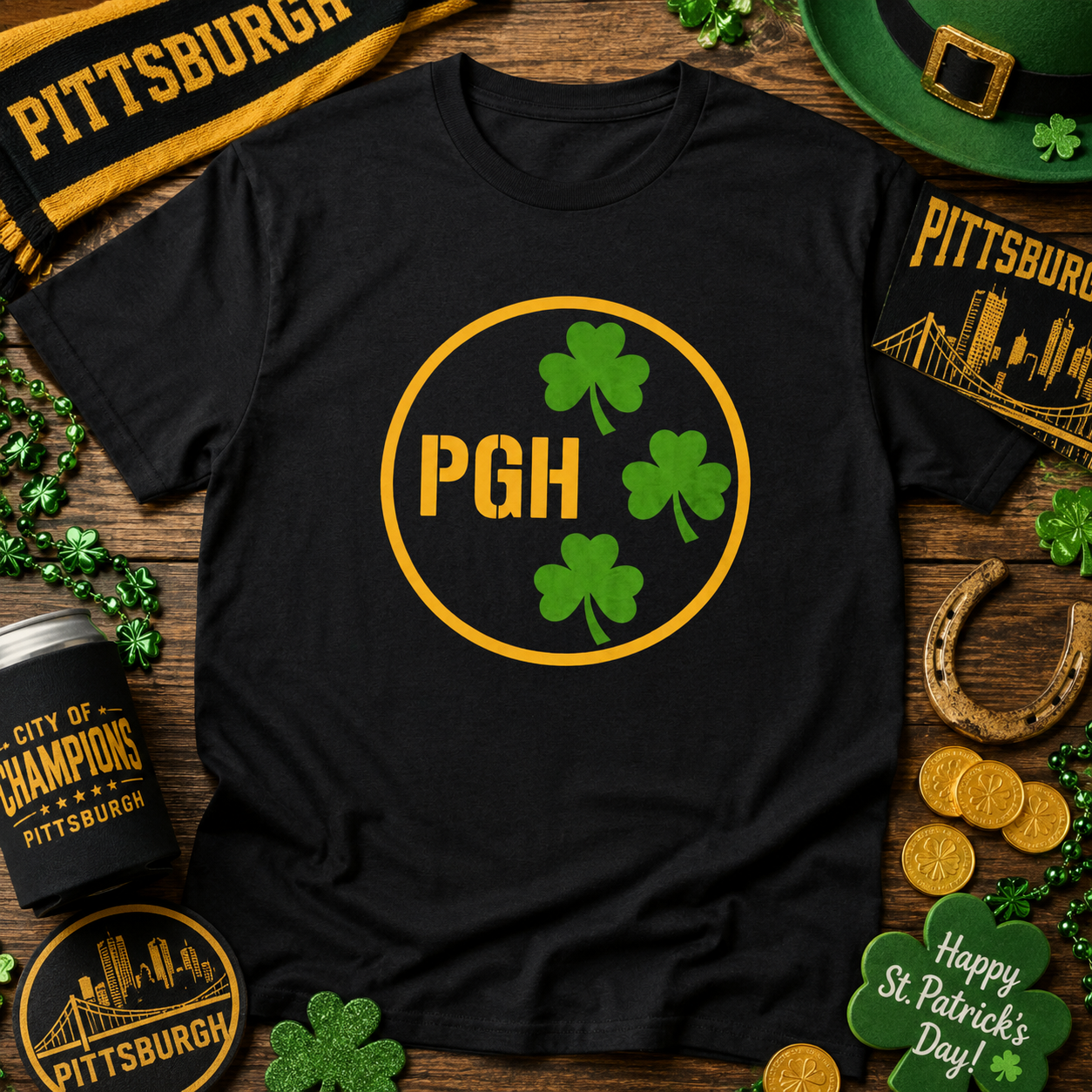 PGH Shamrock Circle T-Shirt | Pittsburgh Irish Pride Tee | Steel City Parody Logo Style | St Patricks Day Shirt