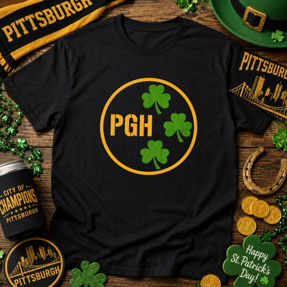 PGH Shamrock Circle T-Shirt | Pittsburgh Irish Pride Tee | Steel City Parody Logo Style | St Patricks Day Shirt