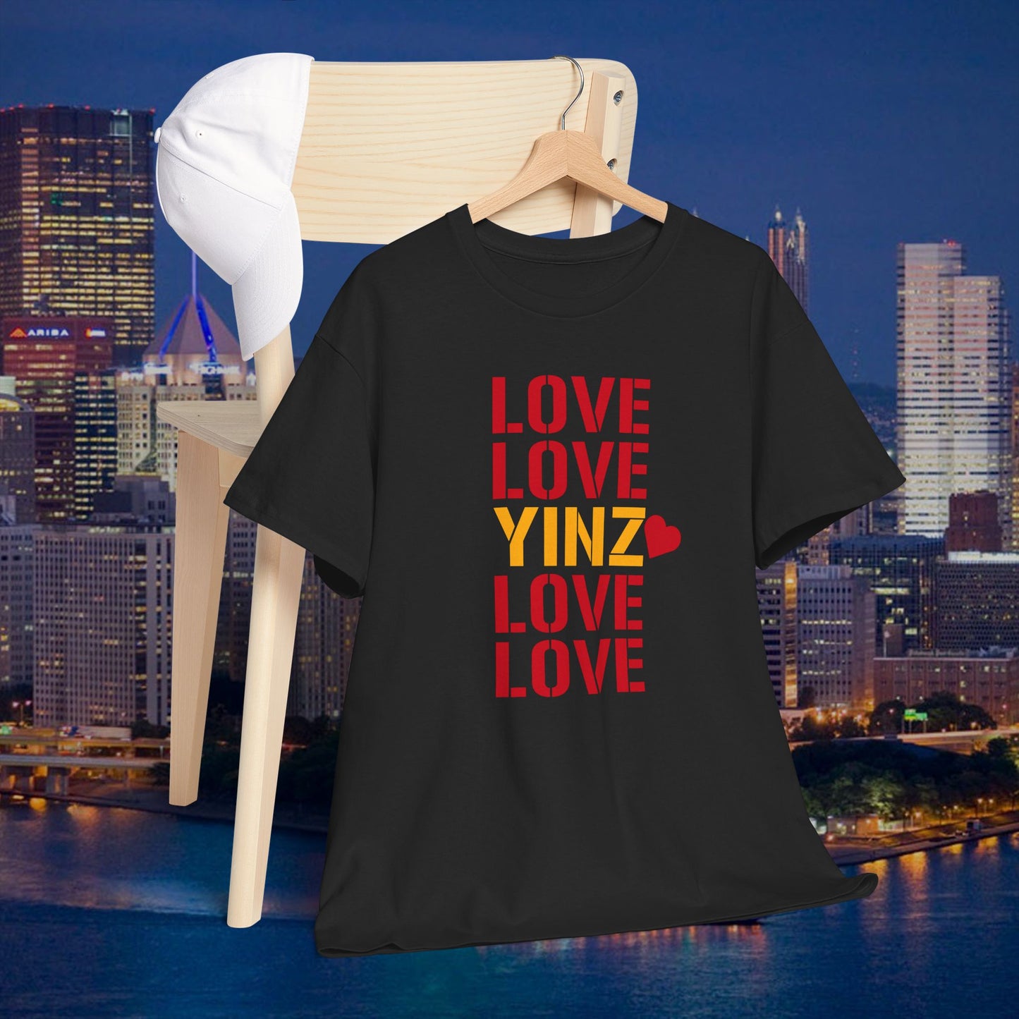 LOVE YINZ T-Shirt with Heart | Pittsburghese Yinzer Tee | PGH Pride Shirt | Black & Gold Love | Pittsburgh Gift