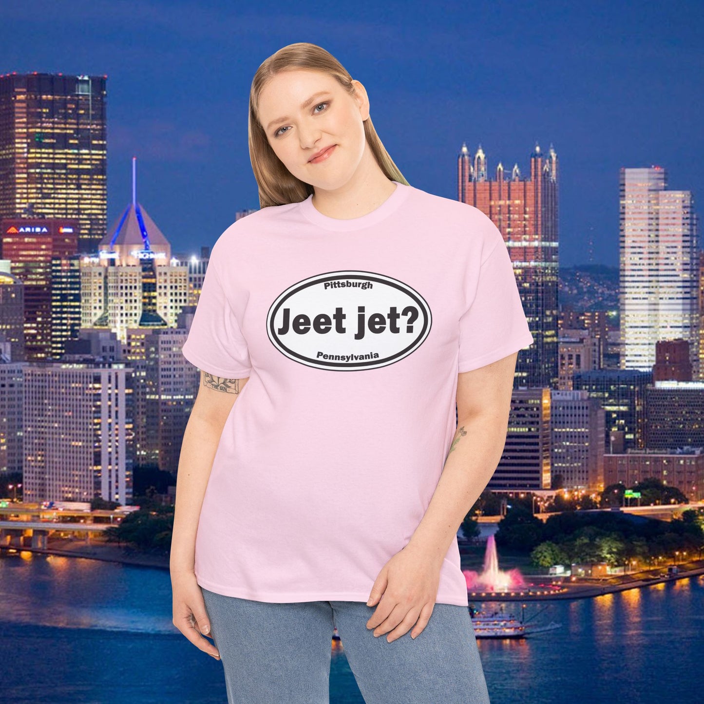 Jeet Jet Pittsburghese Oval T-Shirt | Yinzer Phrase Graphic Tee | PGH Slang Did You Eat Yet Shirt