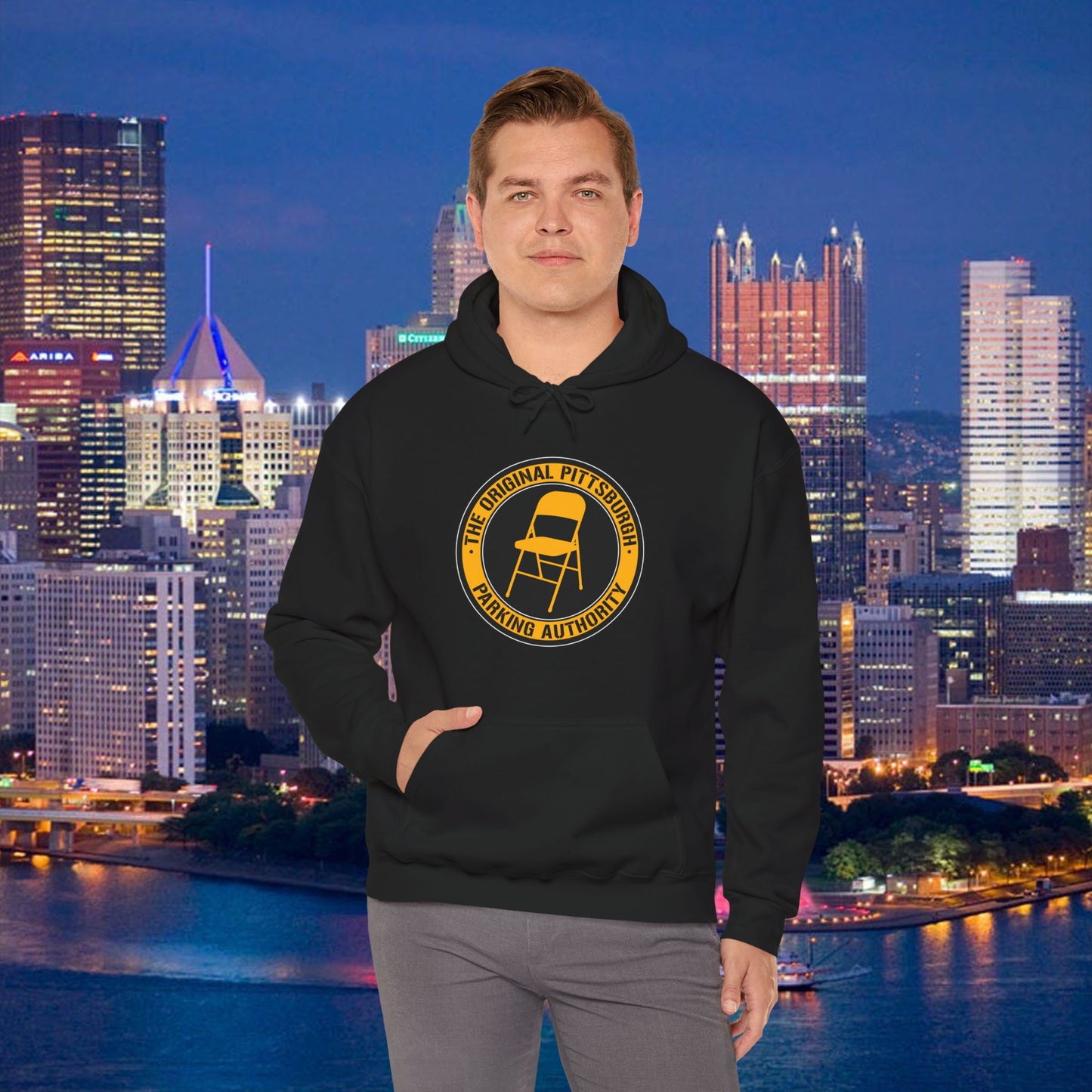 Pittsburgh Parking Chair Hoodie Original Pittsburgh Parking Authority Emblem | Funny Yinzer Pullover | Steel City Gift