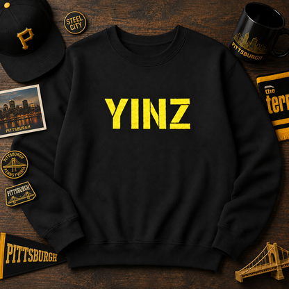 Black YINZ Embroidered Crewneck Sweatshirt, Pittsburghese Apparel, Gold Stitching, Steel City Gift, Unisex Cozy Sweater