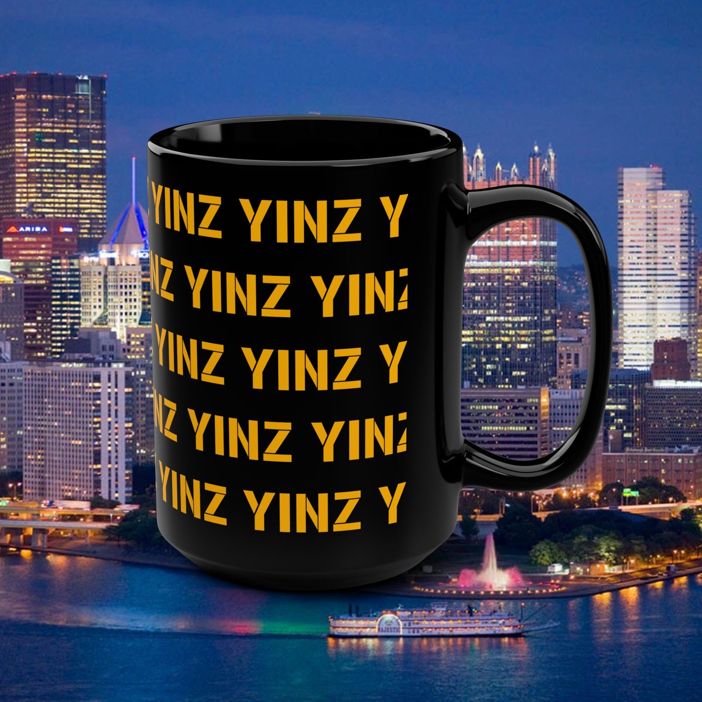 Yinz Pittsburgh Mug 15oz | Black Coffee Mug | Pittsburghese Repeating Pattern | Yinzer Gift | Steel City Coffee Cup