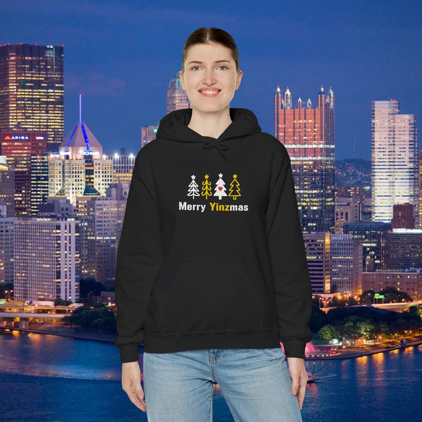 Merry Yinzmas Embroidered Hoodie, Pittsburgh Christmas Sweatshirt, Yinzer Holiday Gift, Christmas Tree Pittsburghese Hoodie