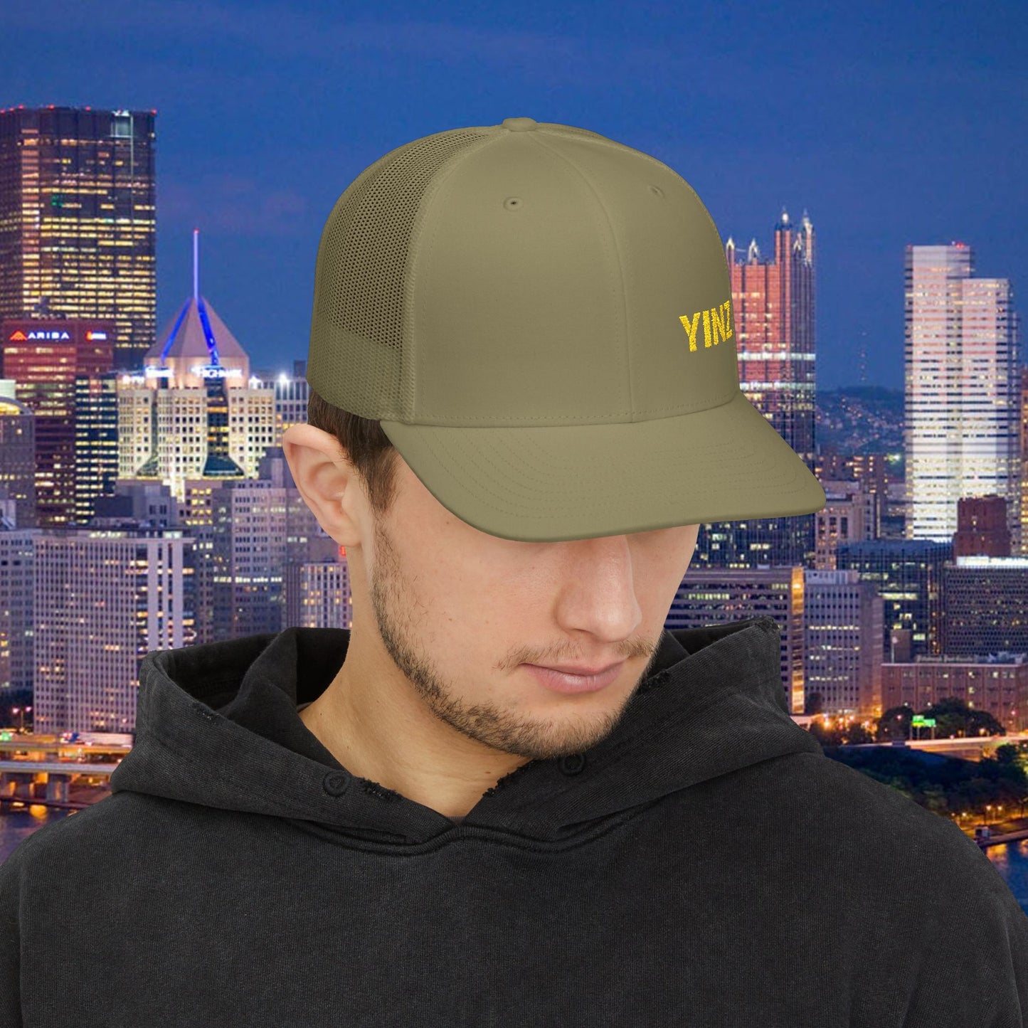 YIINZ Trucker Hat Embroidered | Pittsburghese Snapback Cap | Yinzer Humor | Black & Gold Style | PGH Gift