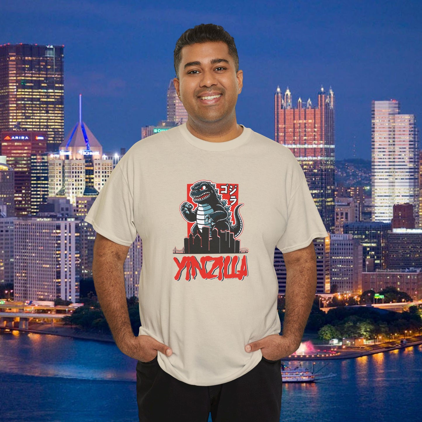 YINZILLA T-Shirt  Giant Lizard & Pittsburgh Skyline Silhouette Funny Yinzer PGH Monster Tee