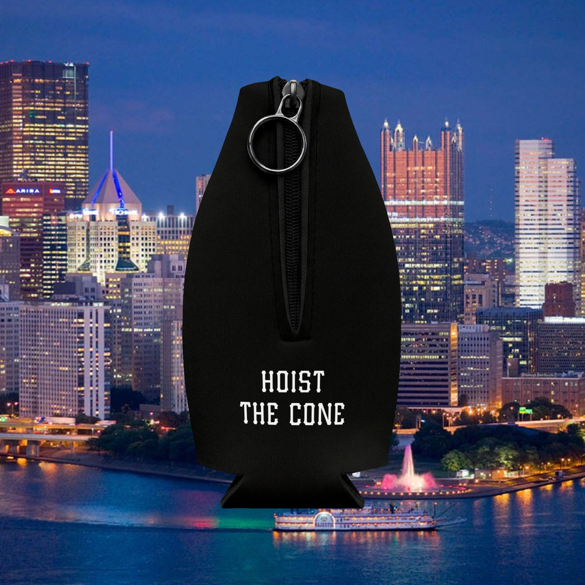 Hoist the Cone Bottle Coozie, Lets Go Bucs Zip-Up Holder, Pittsburgh Baseball Fan Gift, Funny Game Day Drink Sleeve