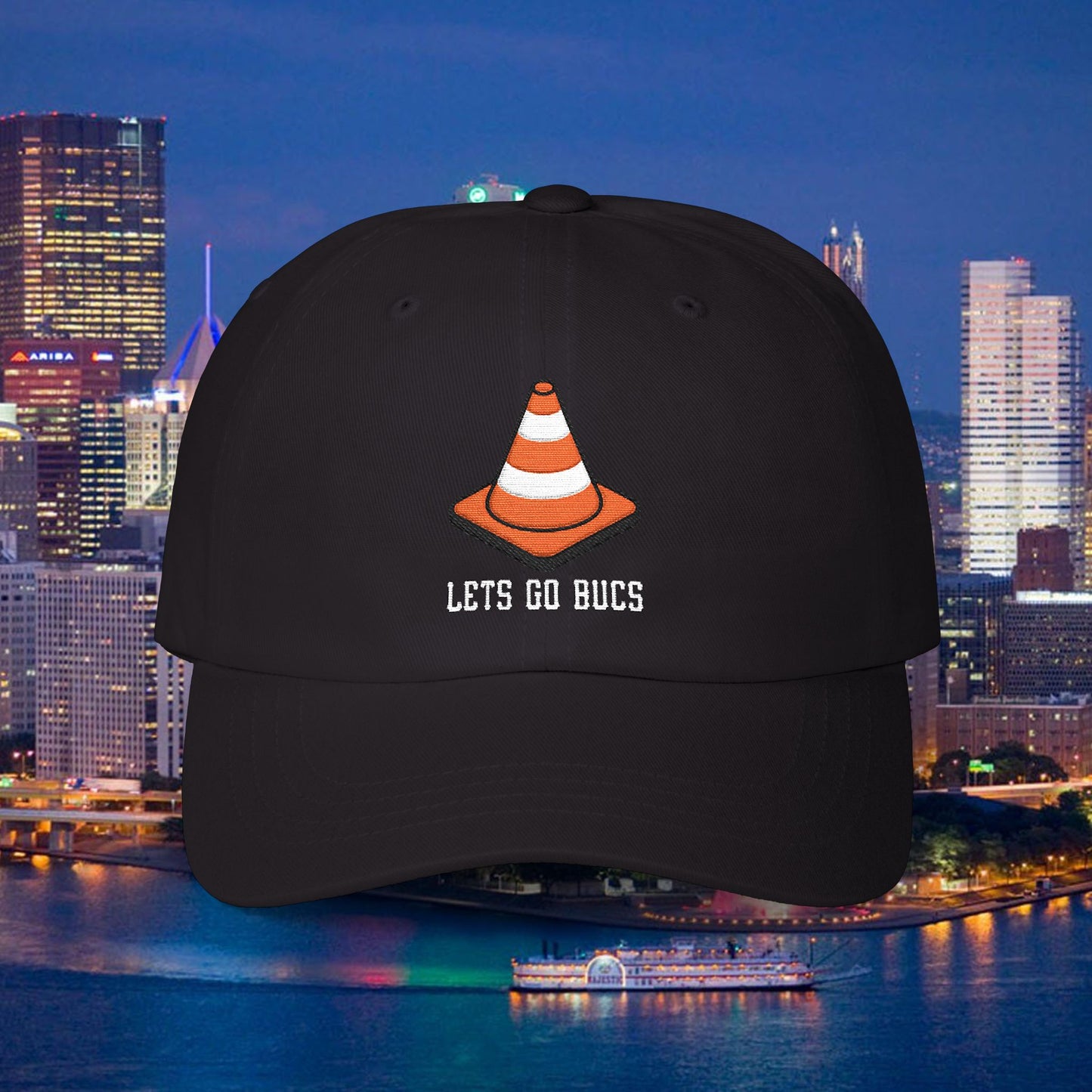 Pittsburgh Baseball Traffic Cone Hat, Lets Go Bucs Embroidered Dad Cap, Black and Gold Fan Hat, Pirates Inspired Yinzer Baseball Cap
