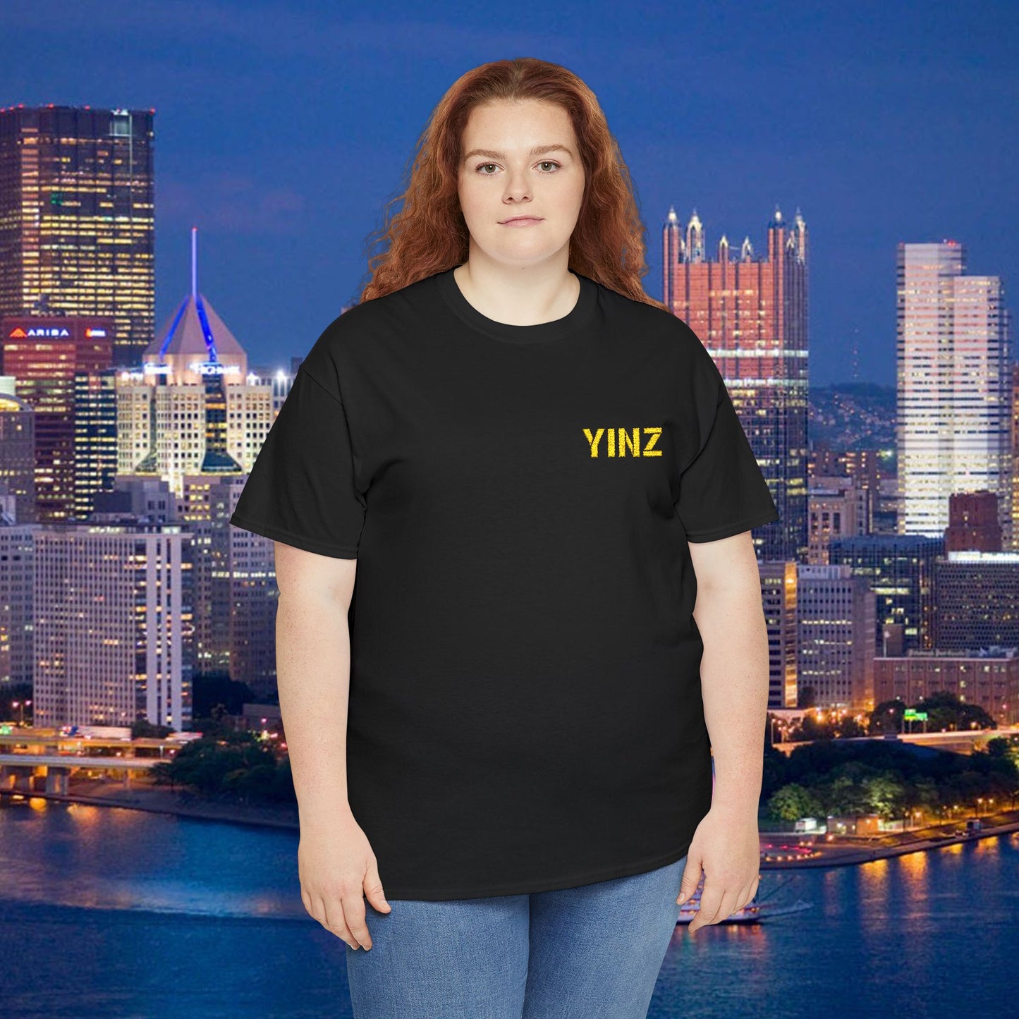 Black Embroidered T-Shirt YINZ in Gold Thread (Left Chest) | Pittsburghese Yinzer Tee | Steel City Pride
