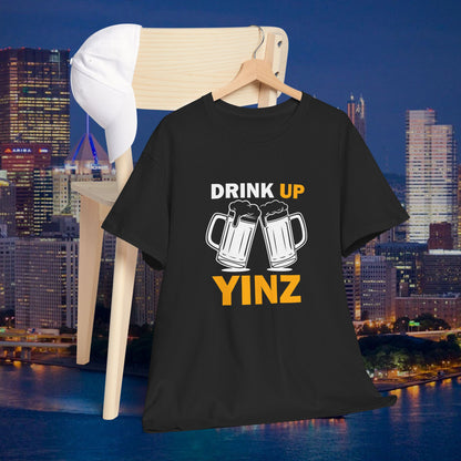 Drink Up YINZ T-Shirt Two Beer Mugs Graphic | Funny Pittsburghese Yinzer Shirt | PGH Party & Tailgate Tee