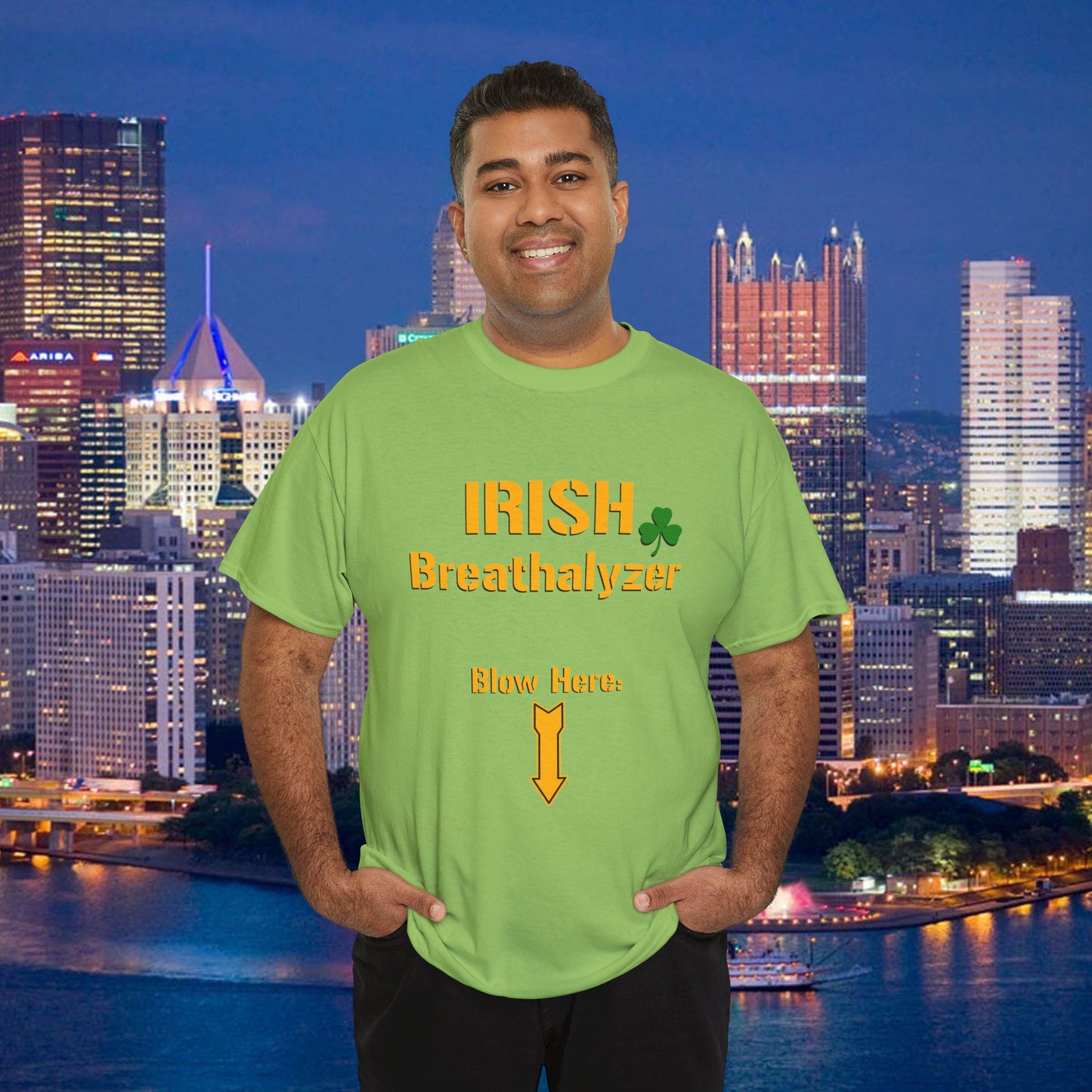 Irish Breathalyzer Blow Here T-Shirt | Funny St Patricks Day Pittsburgh Yinzer Shirt | Steelers Style Font Parody | Irish Drinking Tee
