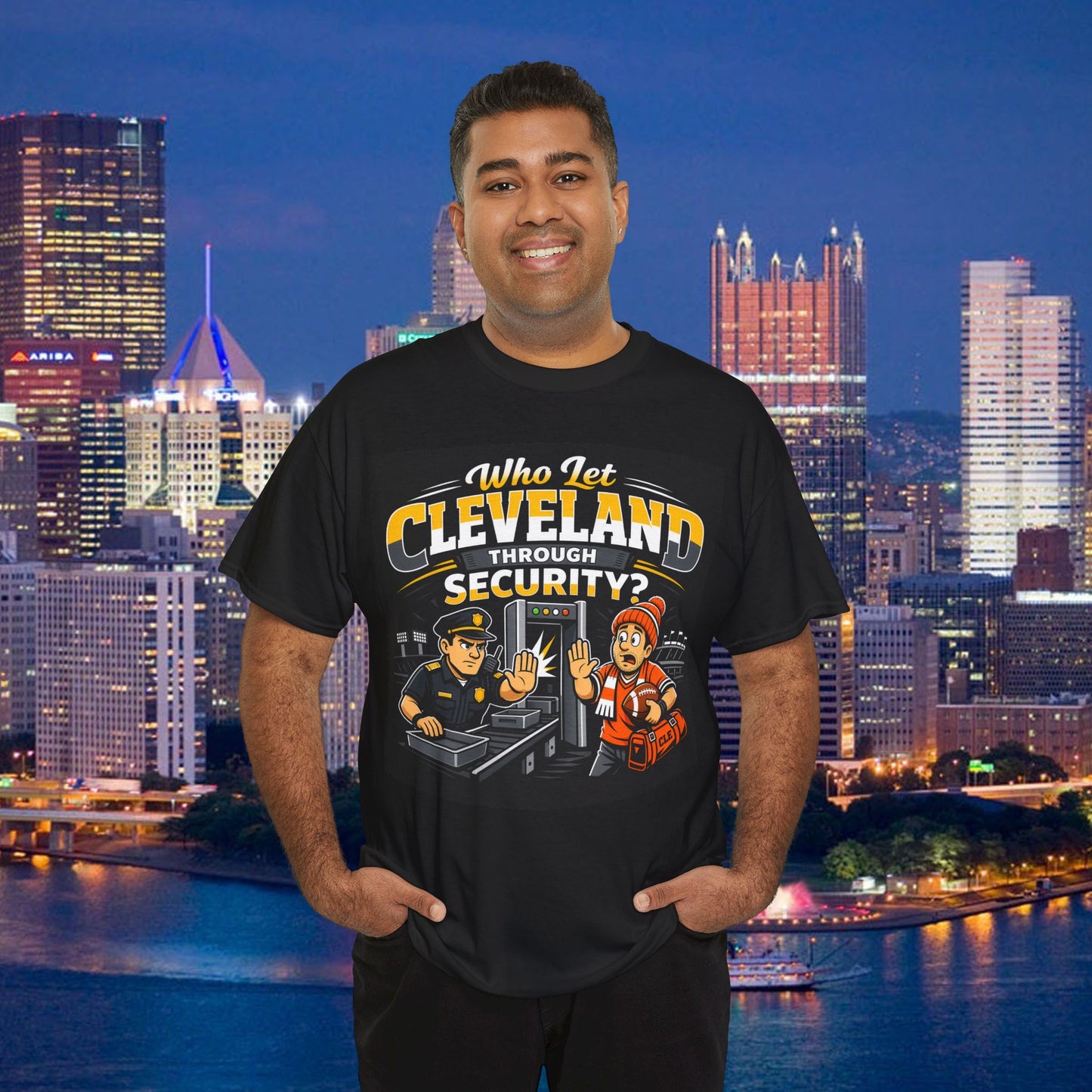 Who Let Cleveland Through Security Shirt, Funny Pittsburgh Football T-Shirt, Sarcastic Rivalry Tee, Black and Gold Yinzer Gift