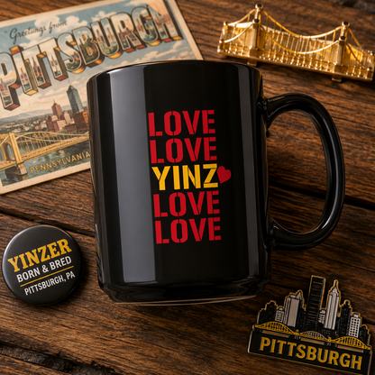 Love Yinz Coffee Mug | Pittsburgh Yinz Repeating Pattern Mug | Yinzer Romantic Gift | Cute PGH Couples Mug | 15oz Mug