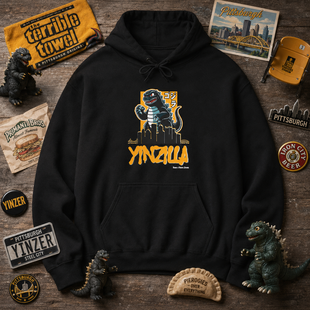 Yinzilla Pittsburgh Hoodie, Yinzer Monster Skyline Sweatshirt, Pittsburghese Hoodie, Steel City Lizard Monster Pullover