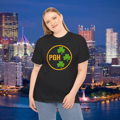 PGH Shamrock Circle T-Shirt | Pittsburgh Irish Pride Tee | Steel City Parody Logo Style | St Patricks Day Shirt