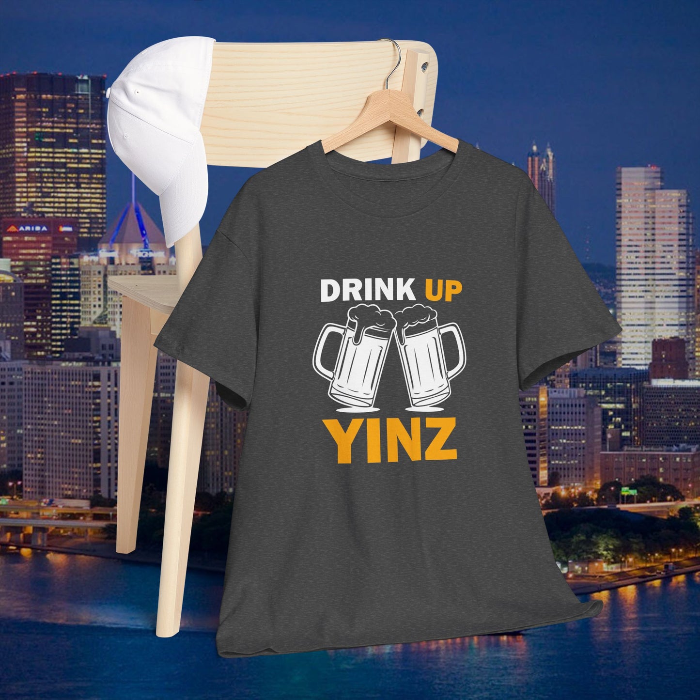 Drink Up YINZ T-Shirt Two Beer Mugs Graphic | Funny Pittsburghese Yinzer Shirt | PGH Party & Tailgate Tee