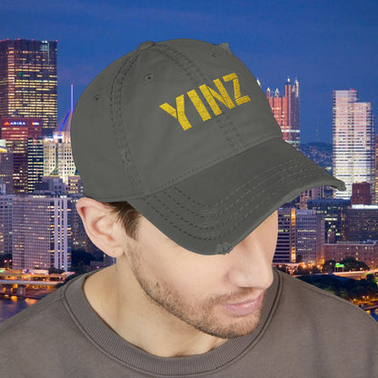 YINZ Pittsburgh Hat Embroidered Distressed Baseball Cap (Gold Thread) | Pittsburghese Dad Hat | Vintage Washed Crew Cap
