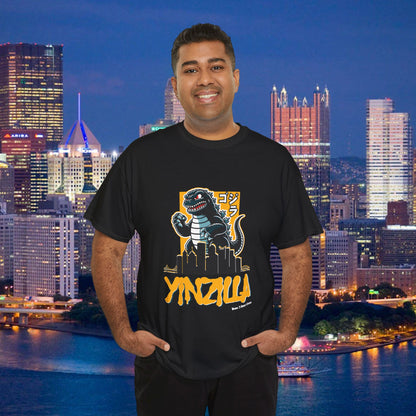 YINZILLA Black and Gold T-Shirt Giant Lizard & Pittsburgh Skyline Silhouette Funny Yinzer PGH Monster Tee