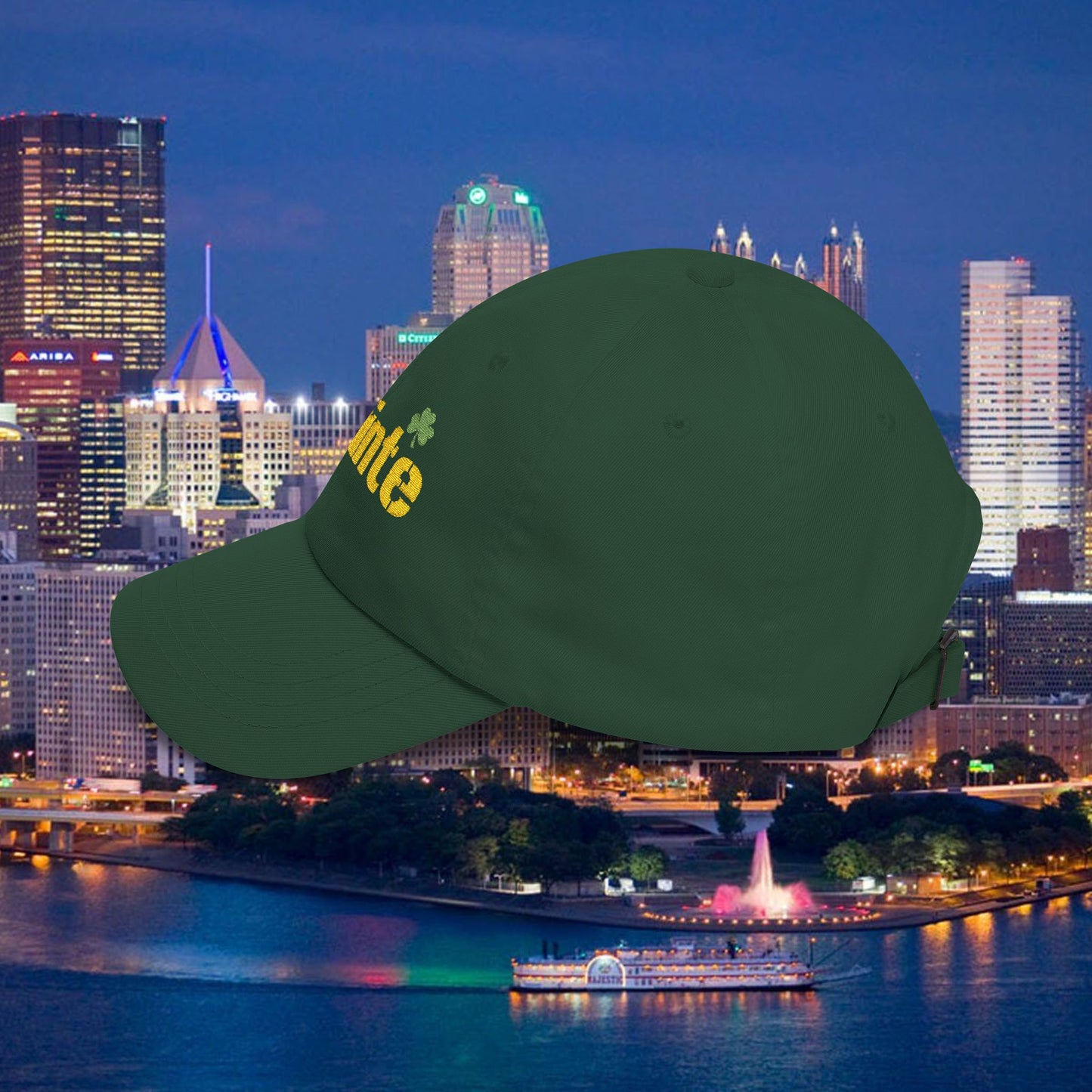 Slainte Shamrock Embroidered Dad Hat | Pittsburgh Yinzer Inspired Irish Cap | Black & Gold Style Baseball Hat | St Patricks Day Gift