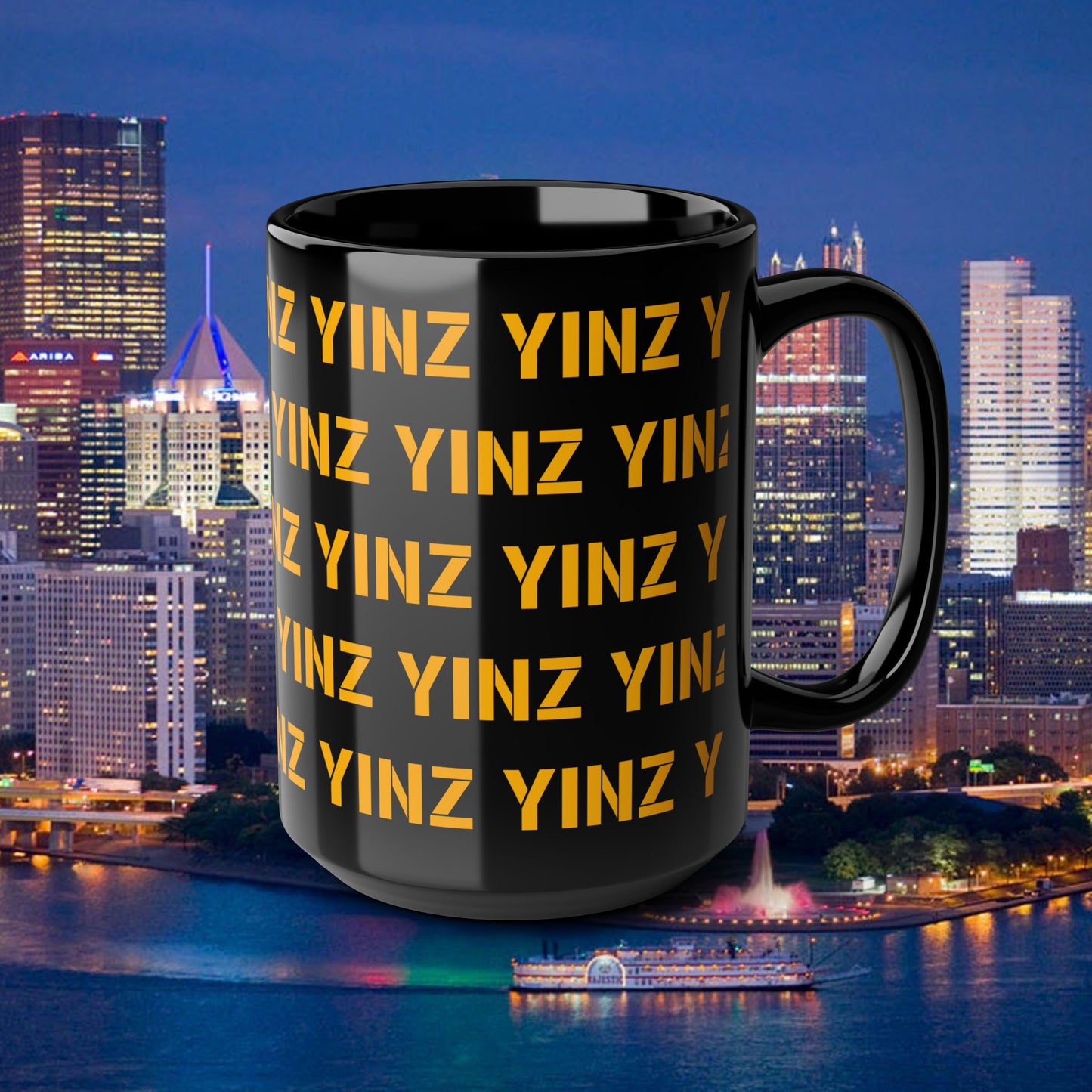 Yinz Pittsburgh Mug 15oz | Black Coffee Mug | Pittsburghese Repeating Pattern | Yinzer Gift | Steel City Coffee Cup