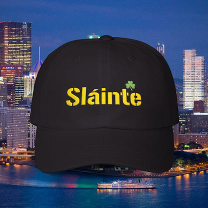 Slainte Shamrock Embroidered Dad Hat | Pittsburgh Yinzer Inspired Irish Cap | Black & Gold Style Baseball Hat | St Patricks Day Gift