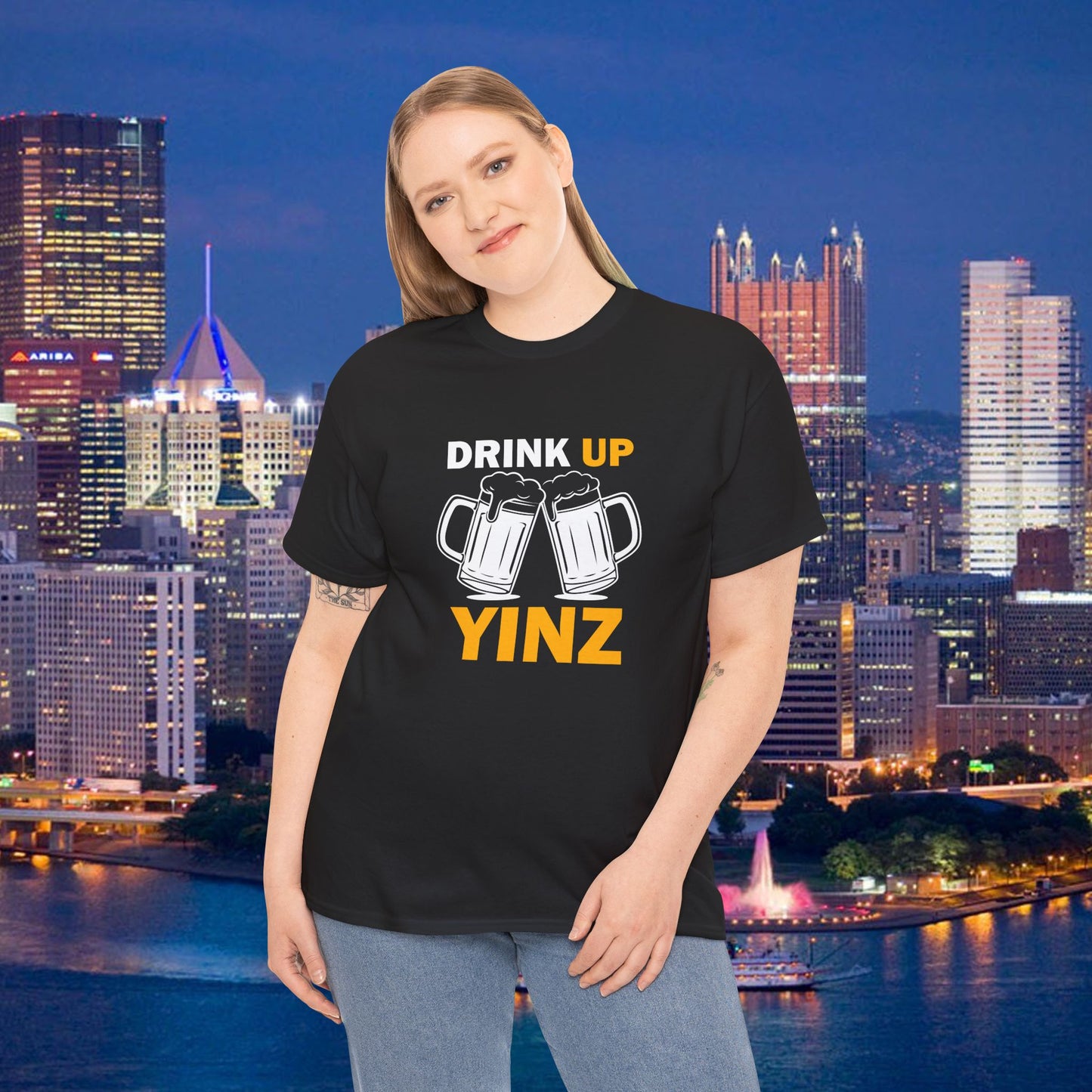 Drink Up YINZ T-Shirt Two Beer Mugs Graphic | Funny Pittsburghese Yinzer Shirt | PGH Party & Tailgate Tee