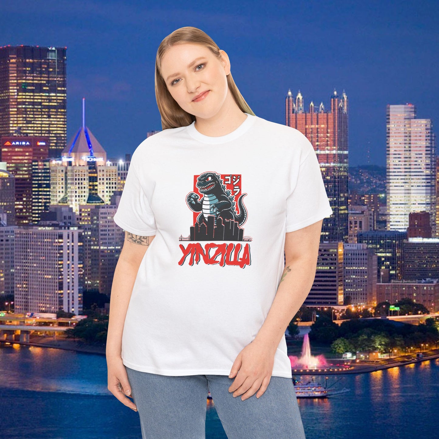 YINZILLA T-Shirt  Giant Lizard & Pittsburgh Skyline Silhouette Funny Yinzer PGH Monster Tee