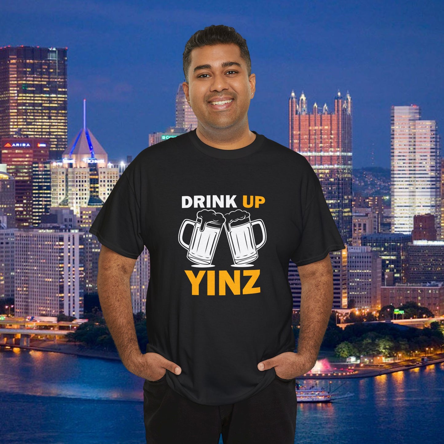 Drink Up YINZ T-Shirt Two Beer Mugs Graphic | Funny Pittsburghese Yinzer Shirt | PGH Party & Tailgate Tee