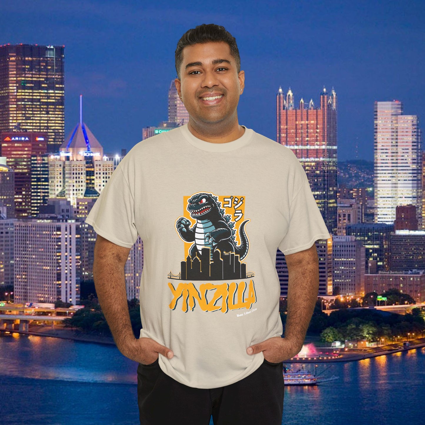 YINZILLA Black and Gold T-Shirt Giant Lizard & Pittsburgh Skyline Silhouette Funny Yinzer PGH Monster Tee