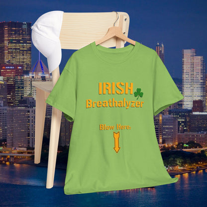 Irish Breathalyzer Blow Here T-Shirt | Funny St Patricks Day Pittsburgh Yinzer Shirt | Steelers Style Font Parody | Irish Drinking Tee