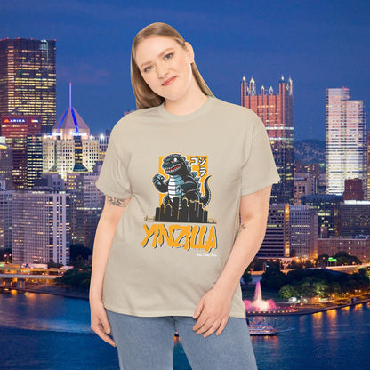 YINZILLA Black and Gold T-Shirt Giant Lizard & Pittsburgh Skyline Silhouette Funny Yinzer PGH Monster Tee