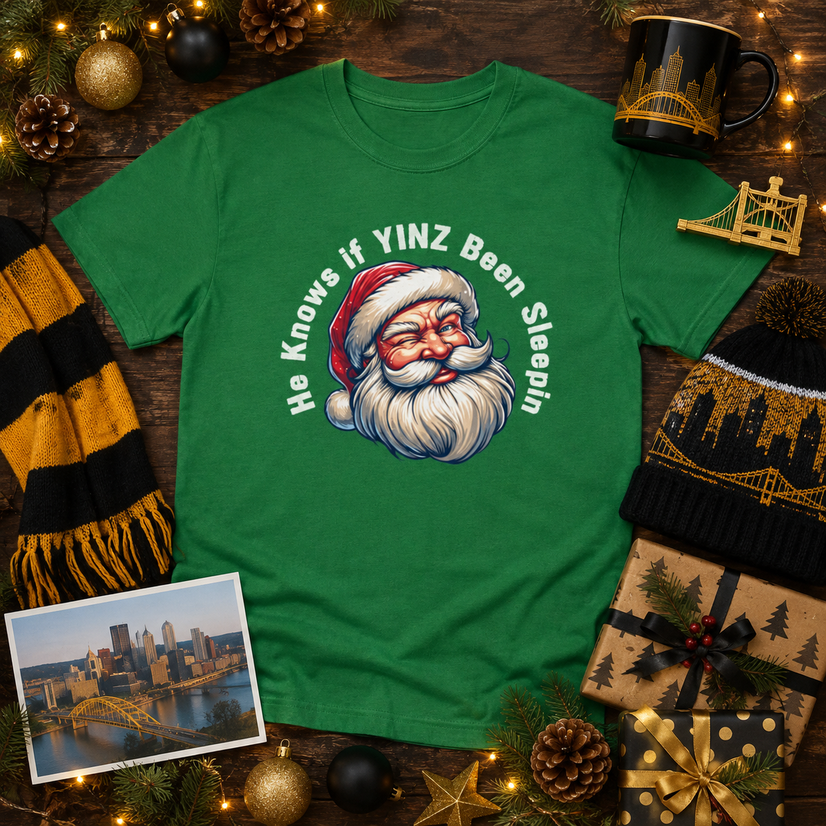 He Knows If Yinz Been Sleepin T-Shirt, Funny Pittsburgh Christmas Shirt, Santa Yinzer Tee, Pittsburghese Holiday Gift