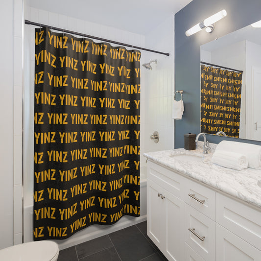 YINZ Shower Curtain Pittsburghese Pattern in Gold Yellow | Pittsburgh Bathroom Decor | Yinzer Gift | Steel City Home