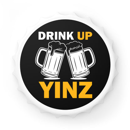 Drink Up YINZ Magnetic Bottle Opener, Pittsburghese Beer Opener, Yinzer Bar Decor, Black and Gold Pittsburgh Gift