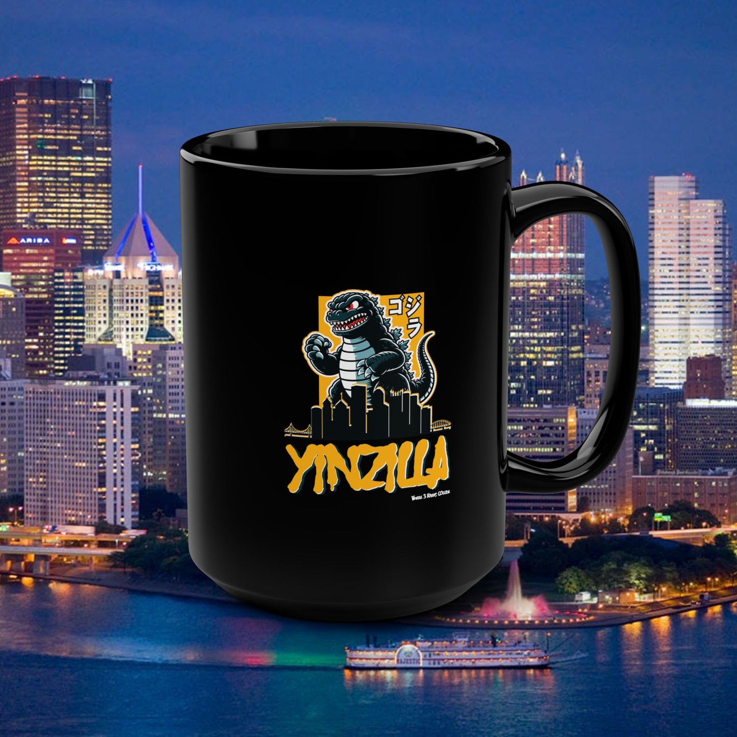 YINZILLA Coffee Mug 15oz | Pittsburgh Yinz Parody Godzilla Mug | Yinzer Funny PGH Gift | Black & Gold Humor Cup