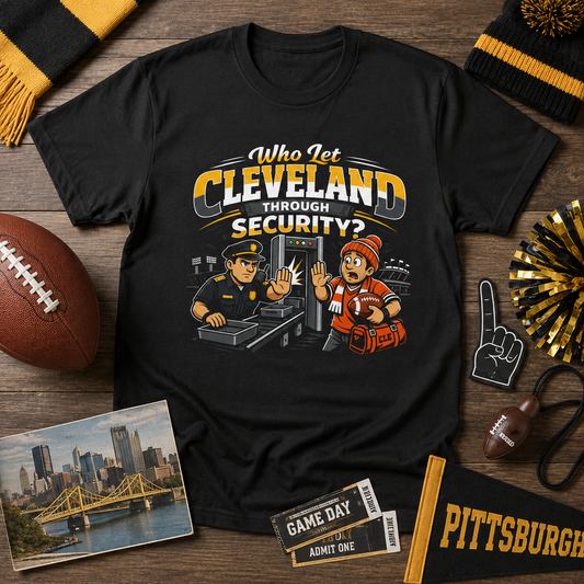 Who Let Cleveland Through Security Shirt, Funny Pittsburgh Football T-Shirt, Sarcastic Rivalry Tee, Black and Gold Yinzer Gift