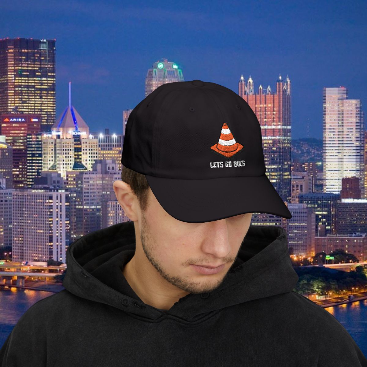 Pittsburgh Baseball Traffic Cone Hat, Lets Go Bucs Embroidered Dad Cap, Black and Gold Fan Hat, Pirates Inspired Yinzer Baseball Cap