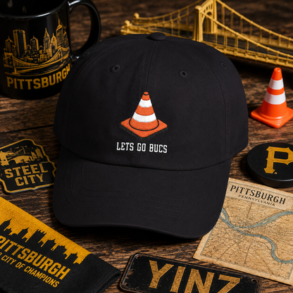 Pittsburgh Baseball Traffic Cone Hat, Lets Go Bucs Embroidered Dad Cap, Black and Gold Fan Hat, Pirates Inspired Yinzer Baseball Cap
