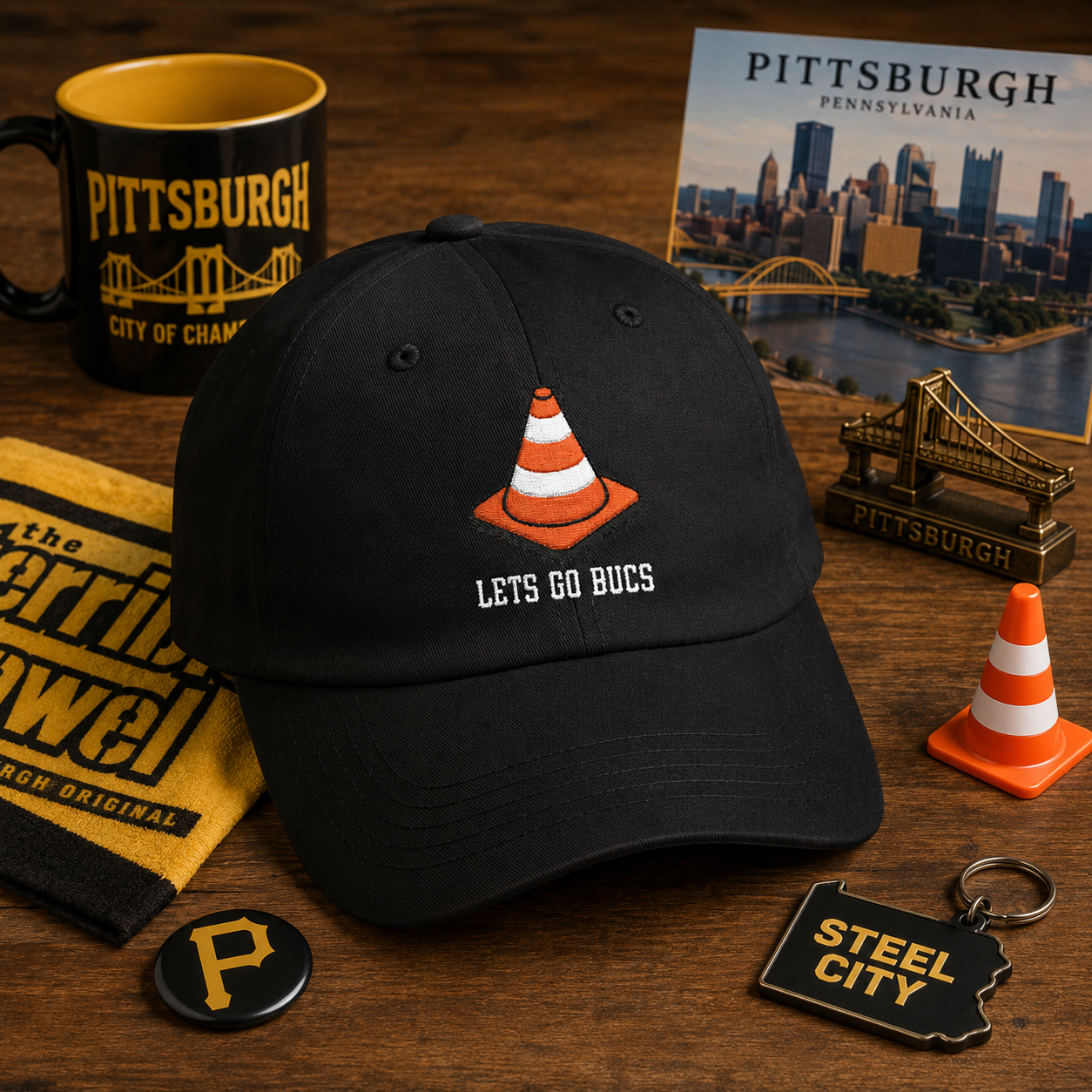 Pittsburgh Baseball Traffic Cone Hat, Lets Go Bucs Embroidered Dad Cap, Black and Gold Fan Hat, Pirates Inspired Yinzer Baseball Cap