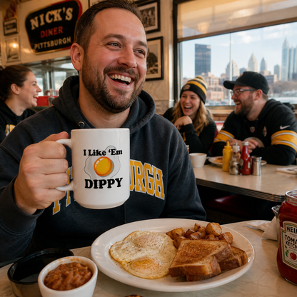 I Like Em Dippy 15oz Coffee Mug | Pittsburghese Dippy Egg Mug | Fried Egg Design | Yinzer Humor | PGH Gift | White Mug