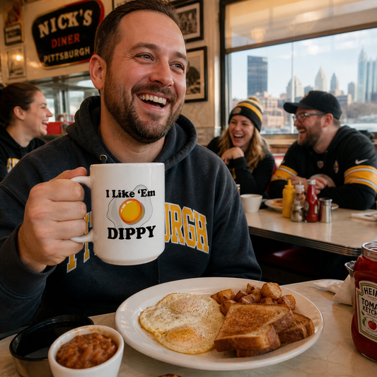 I Like Em Dippy 15oz Coffee Mug | Pittsburghese Dippy Egg Mug | Fried Egg Design | Yinzer Humor | PGH Gift | White Mug
