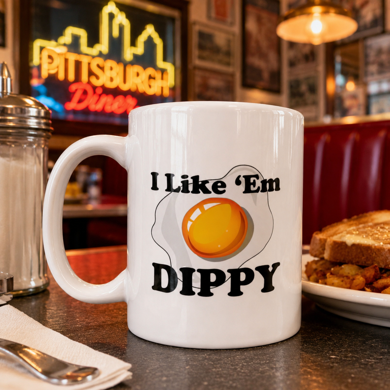 I Like Em Dippy 15oz Coffee Mug | Pittsburghese Dippy Egg Mug | Fried Egg Design | Yinzer Humor | PGH Gift | White Mug