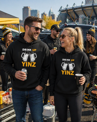Drink Up YINZ Hoodie Two Beer Glasses Graphic | Funny Pittsburghese Yinzer Sweatshirt | PGH Tailgate Hoodie