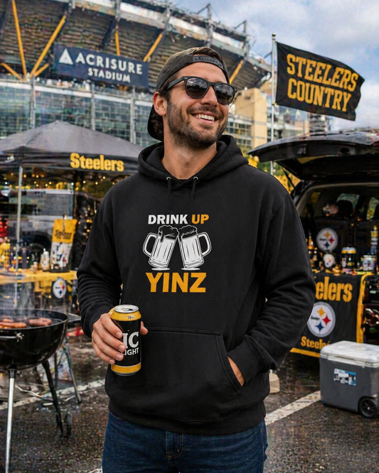 Drink Up YINZ Hoodie Two Beer Glasses Graphic | Funny Pittsburghese Yinzer Sweatshirt | PGH Tailgate Hoodie