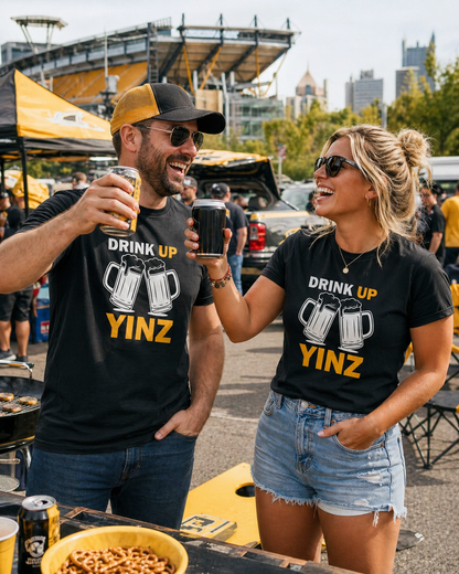 Drink Up YINZ T-Shirt Two Beer Mugs Graphic | Funny Pittsburghese Yinzer Shirt | PGH Party & Tailgate Tee