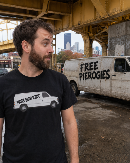 Free Pierogies White Van T-Shirt | Pittsburgh Pierogi Humor Tee | Yinzer Joke PGH Shirt